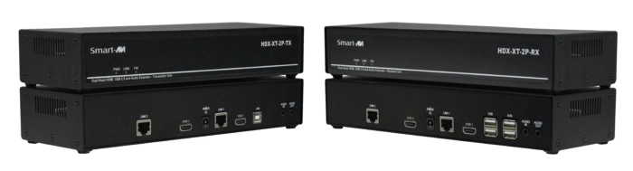 SmartAVI HDX-XT-2P is a Dual-Head 4K HDMI with USB 2.0 KVM extender